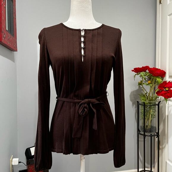 NEW Dana Buchman Silk Pleated Button Belted Tie Waist Bell Sleeve Sweater P NWOT - Picture 1 of 15